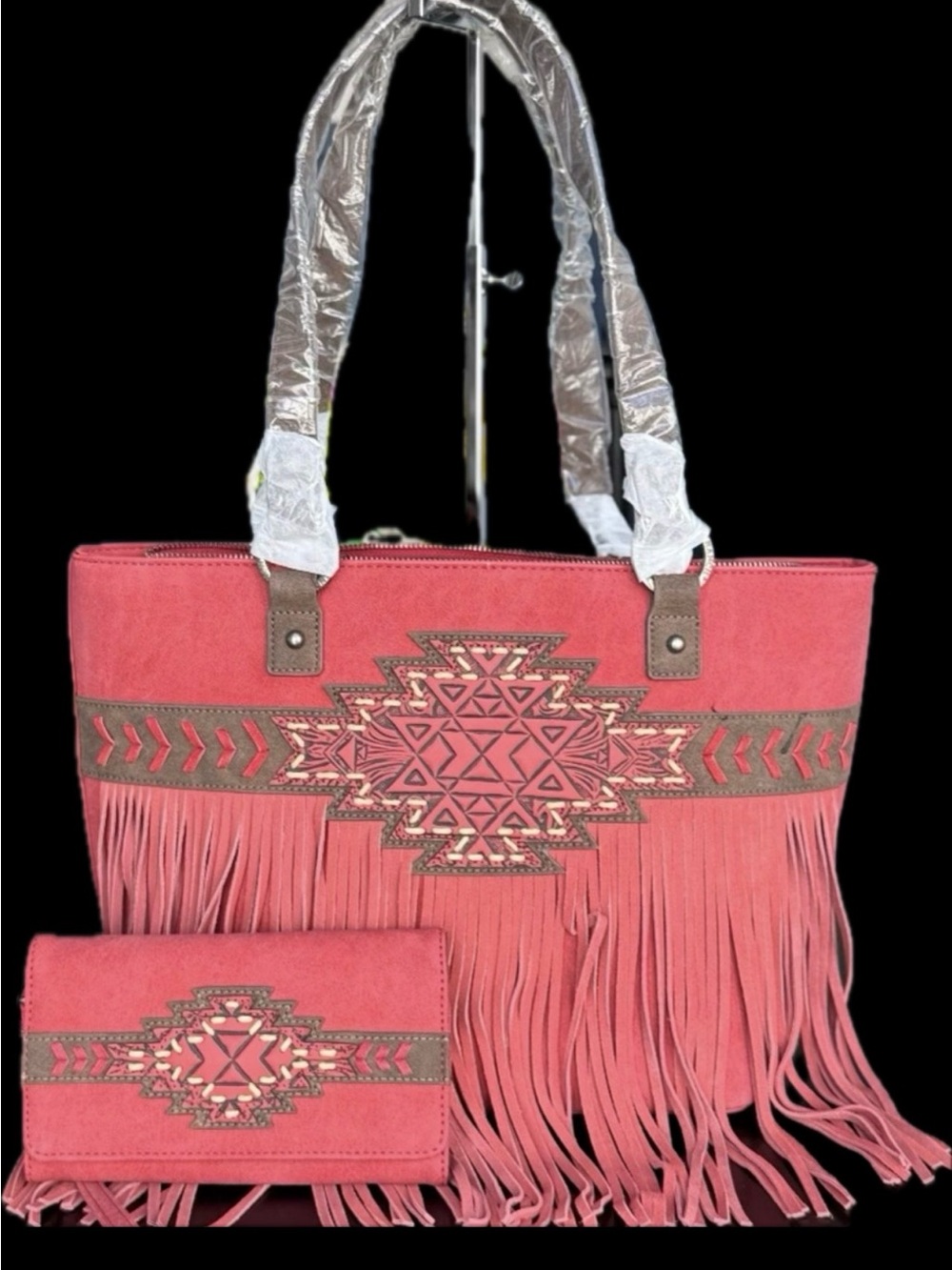 Trinity Ranch Western Boho Fringed Leather Patch Tooled Aztec Tote+Wallet Set